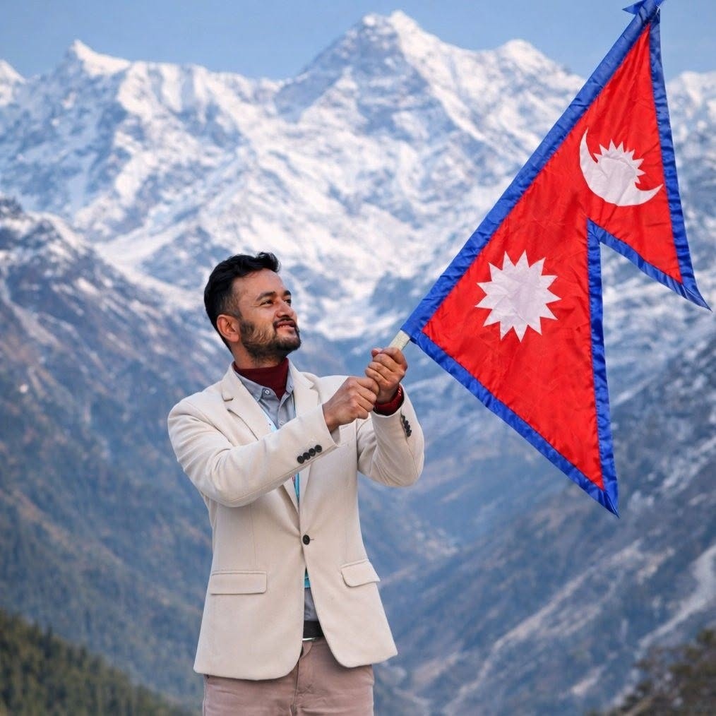 Sagar Karki holding Nepali Flag